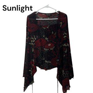 MCM Y2K Vintage Women Black & Red Floral Goth Top SZ  XL Bell Asymmetric Sleeve